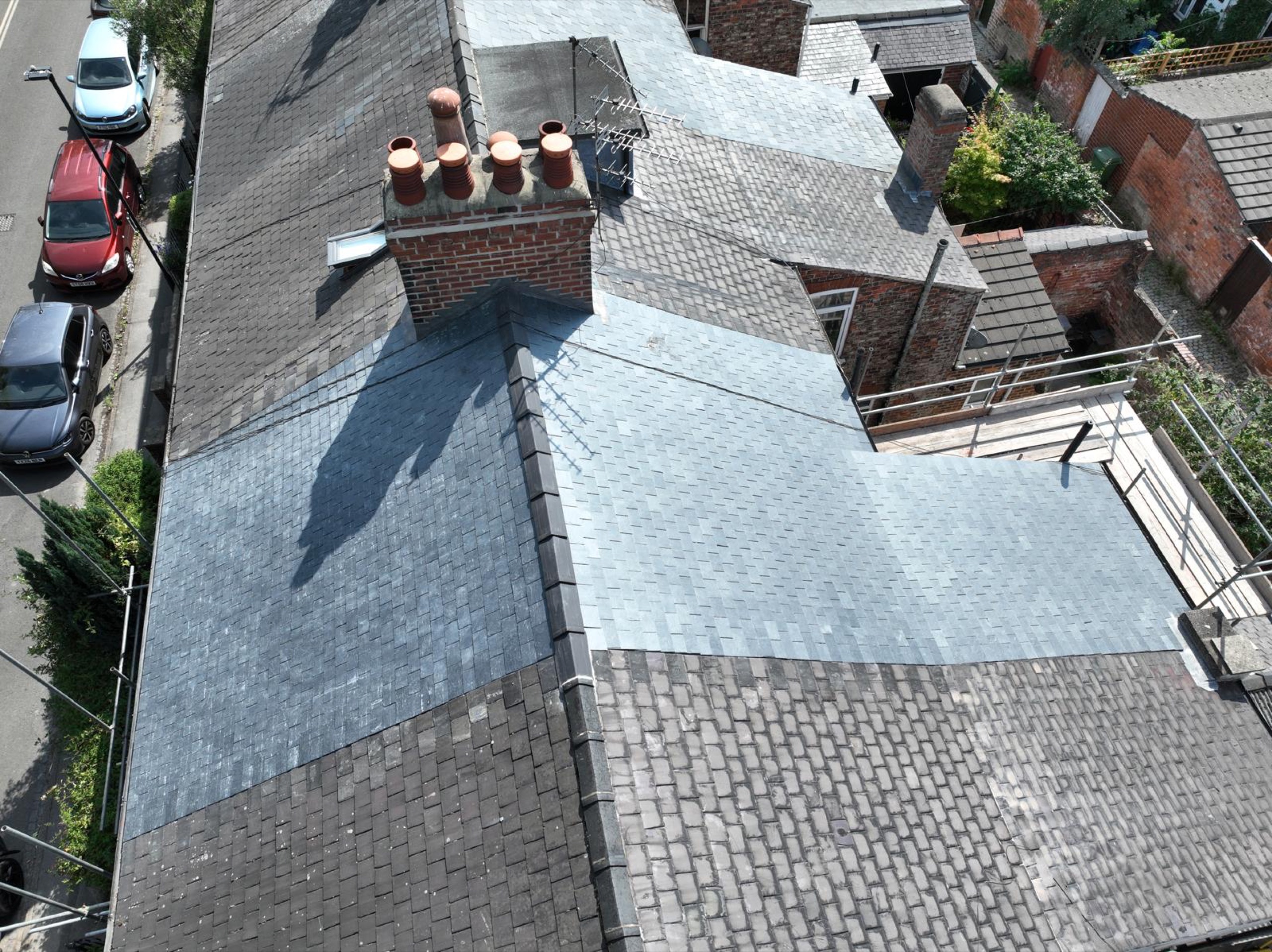 Aerial view of CUPRA natural slate roof replacement and new ridge tiles at Hambleton Terrace, York
