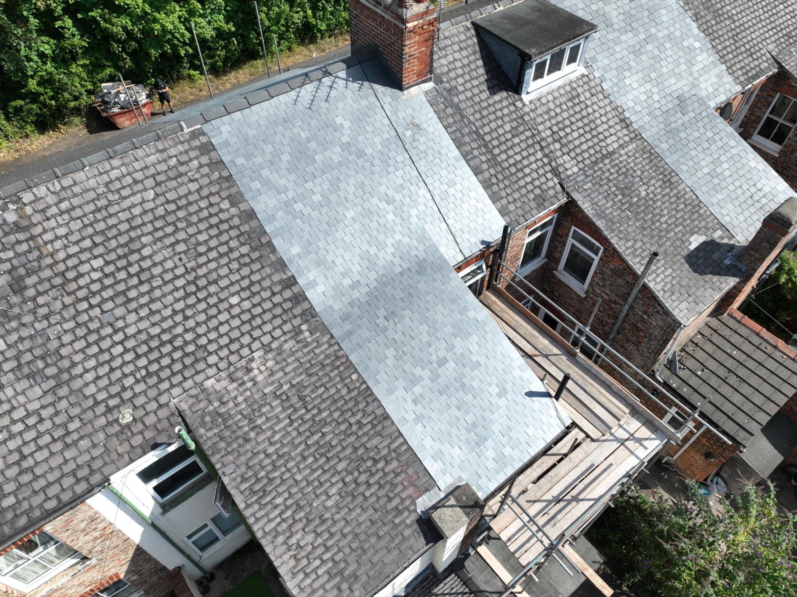 Aerial view of new slate roofing across the rear roof sections at Hambleton Terrace, York